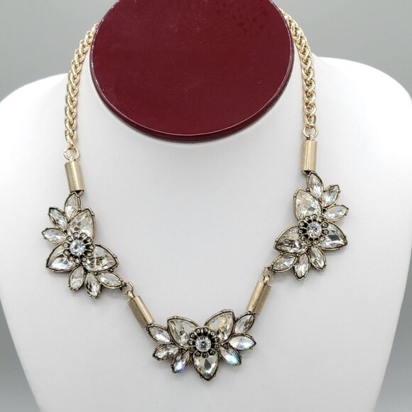 Express Floral Gold Tone Necklace Prong Set Cabochons Crystal Accents 16" - Picture 1 of 9